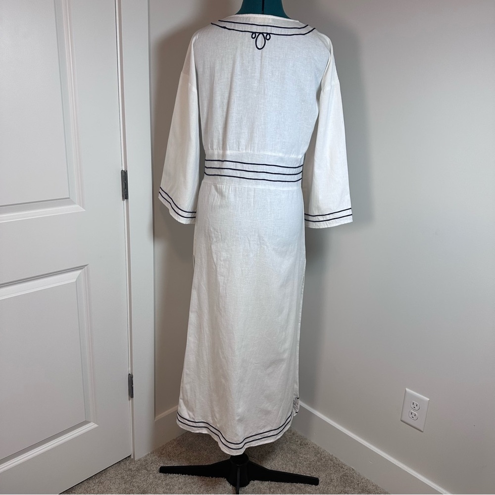 White Maxi Dress with Navy Trim and Tassel Tie - Picture 6 of 13